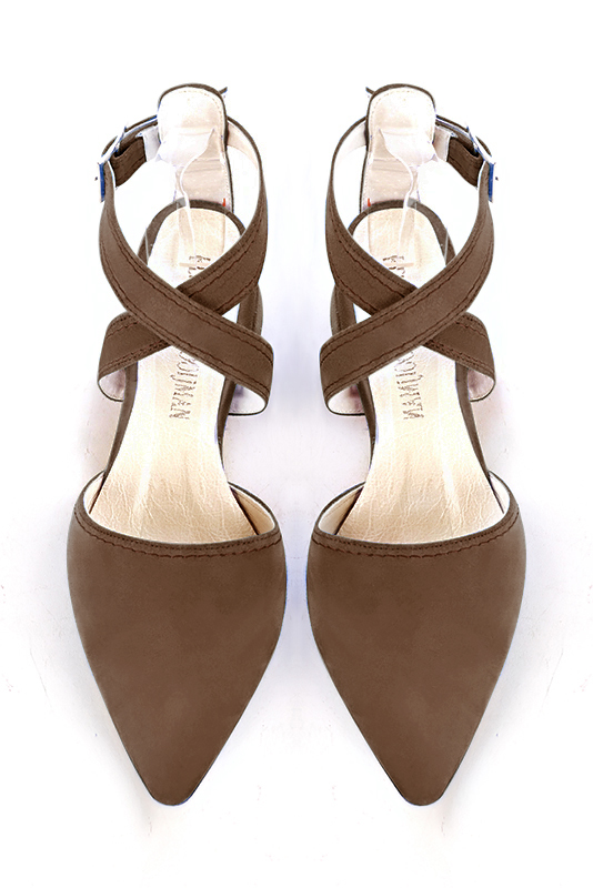 Chocolate brown women's open back shoes, with crossed straps. Tapered toe. Low flare heels. Top view - Florence KOOIJMAN